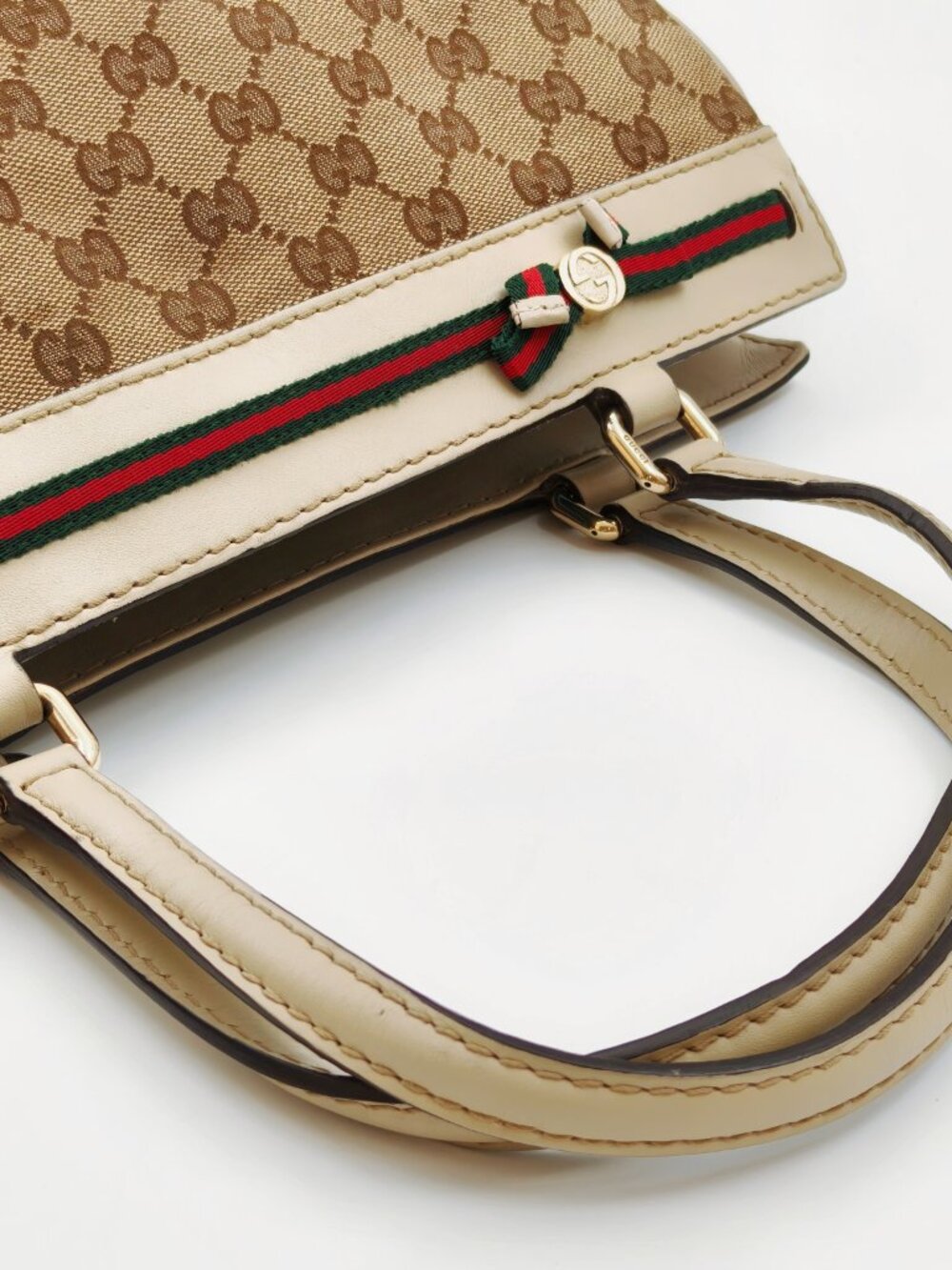 Gucci GG Monogram Canvas Web Stripe Bow Tote Shoulder Bag - Picture 14 of 15
